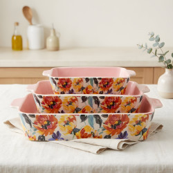Floral Porcelain Casserole Set 3 Pcs